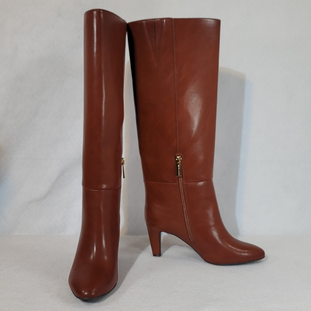 Anne Klein Flex Cognac Brown Tall Knee‎ High Kitten Heel Dress Boots Size 6.5M